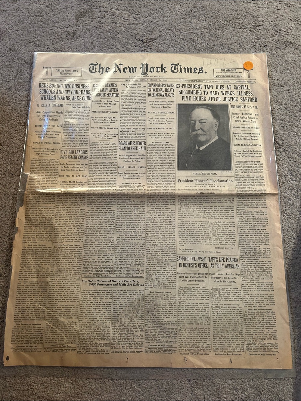 The New York Times Historic Newspaper 1930 - President Taft Dies.